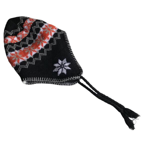 Knit Hat with Ear Flaps Intarsia Chunky Tie Neck Winter Cap Apres Ski Snowboard - Picture 4 of 9